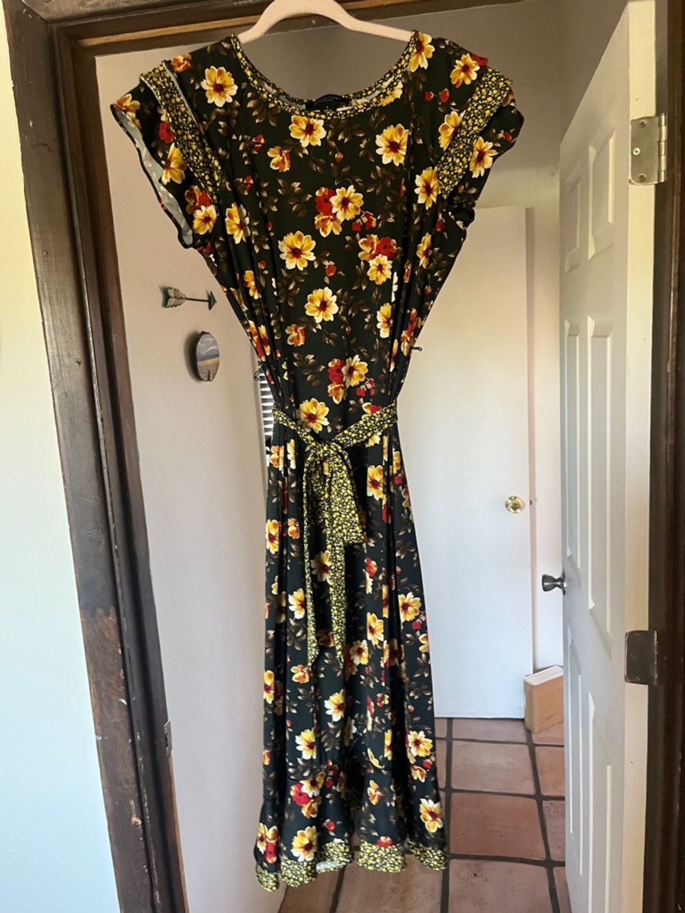 Black Floral Maxi Dress with Yellow & Red Blooms and Tie Waist Belt